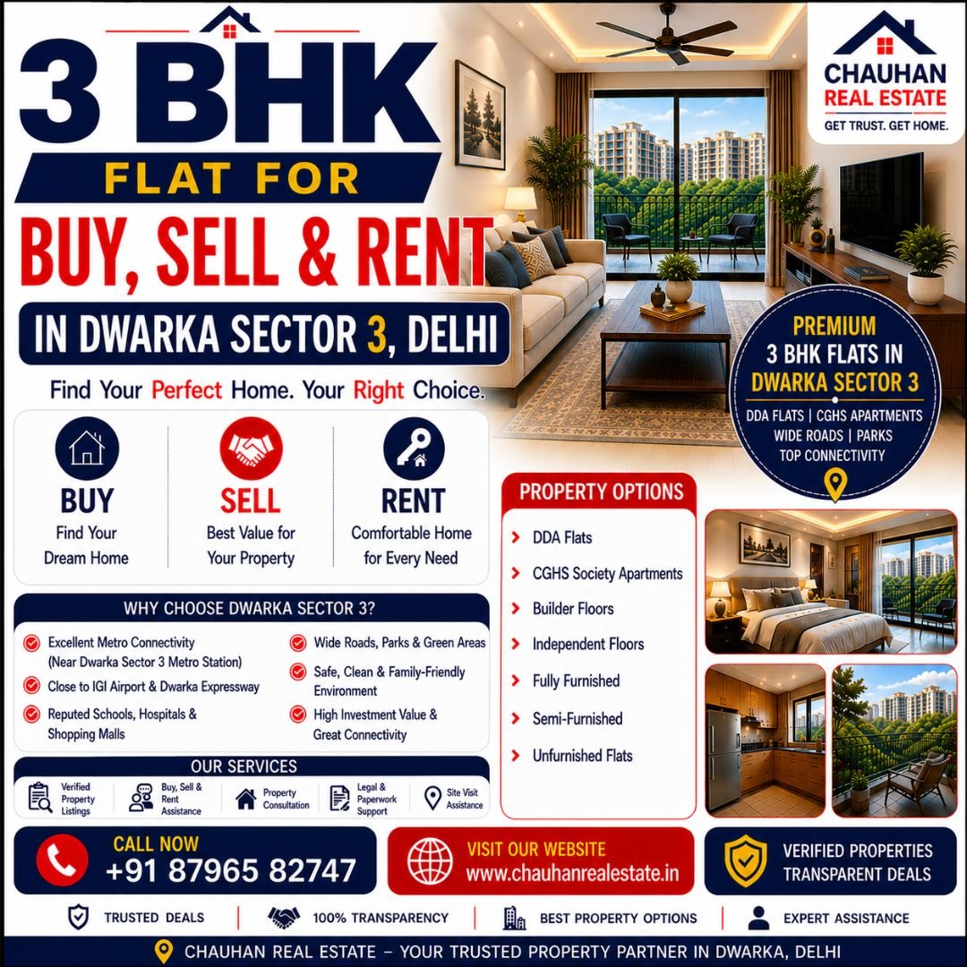 3 BHK Flat for Buy, Sell & Rent in Dwarka Sector 3 Delhi